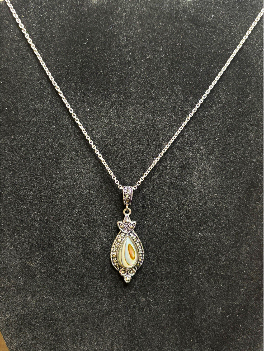 Vintage Silver Tone Teardrop Abalone Pendant Necklace Chain Marcasite Accents